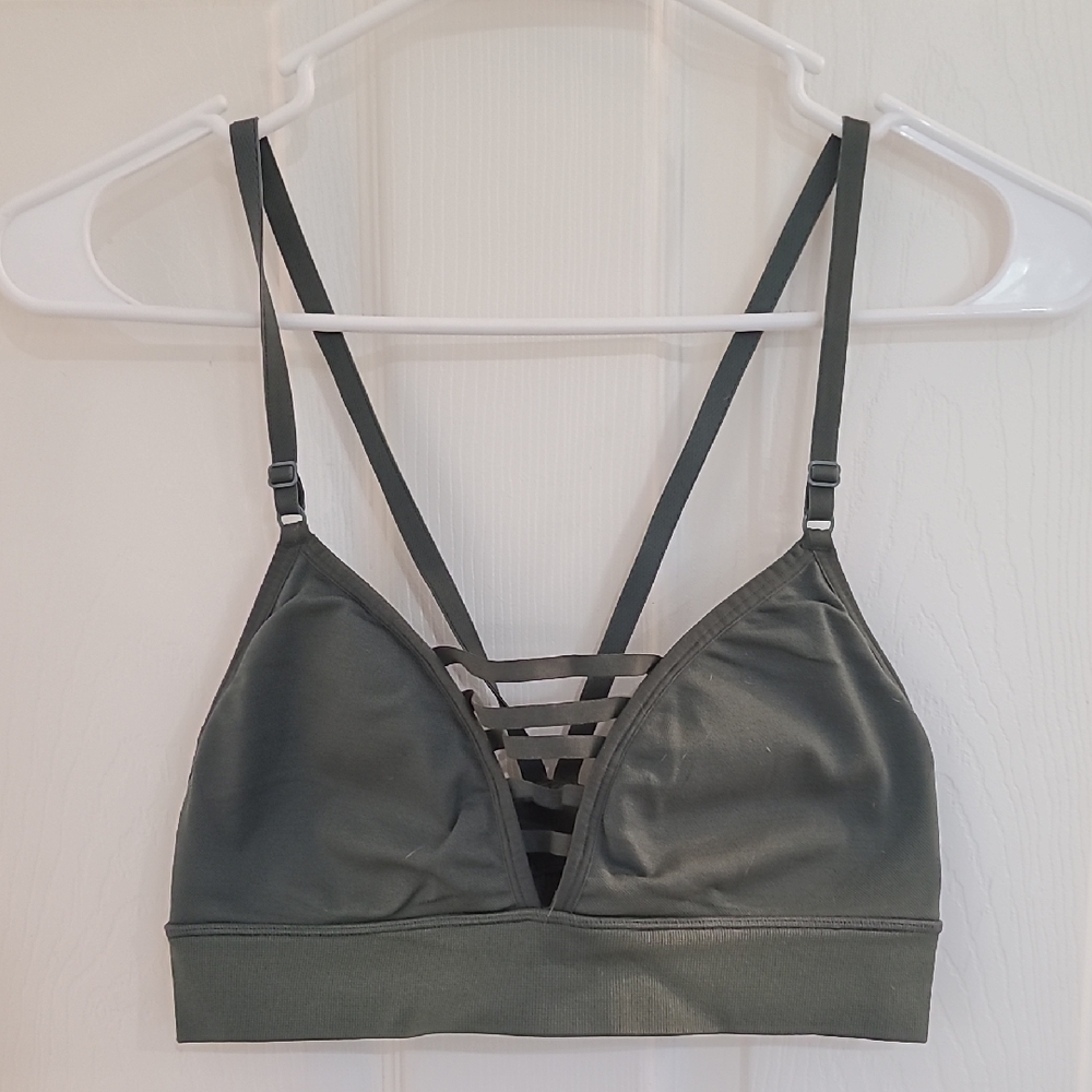 PINK Olive Green Strappy Sports Bra